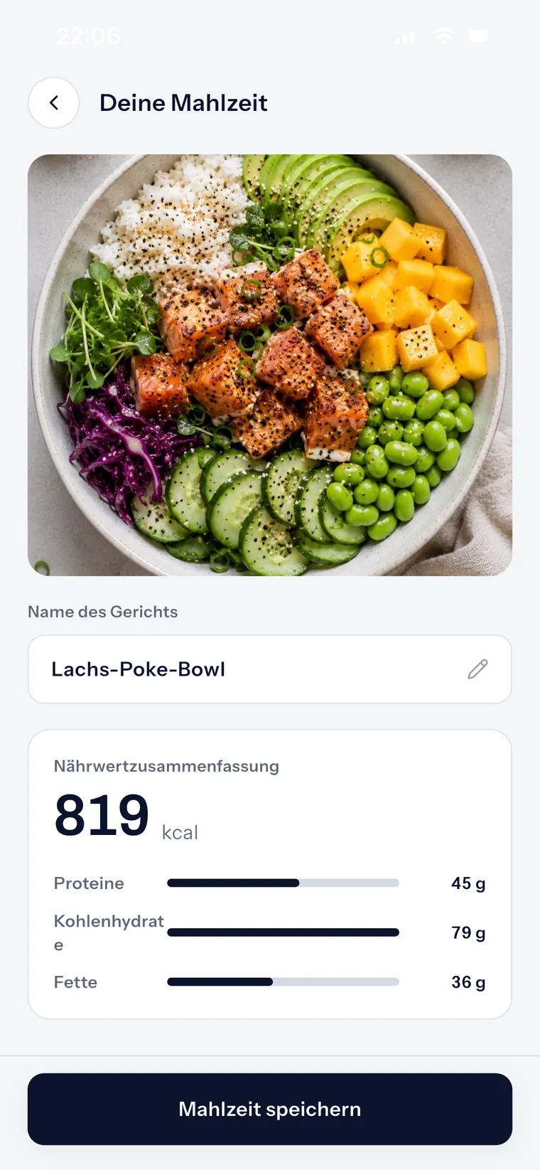 Der Analysebildschirm einer Poke Bowl: 819 kcal, die Makros und die Liste dessen, was Ryze erkannt hat.