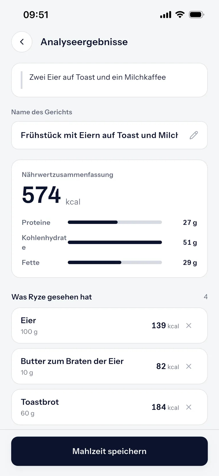 Eine in einem Satz getippte Mahlzeit, von Ryze in 4 Zutaten für 574 kcal zerlegt.