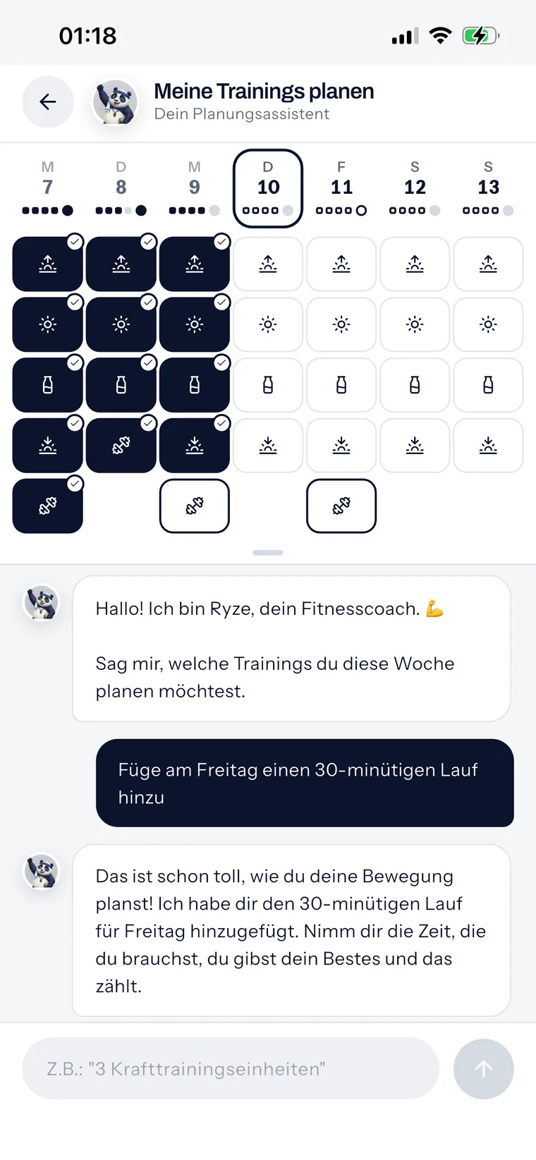 Der Planer: das Wochenraster und die Bitte „trag mir Freitag 30 Minuten Laufen ein“, die Ryze bestätigt.