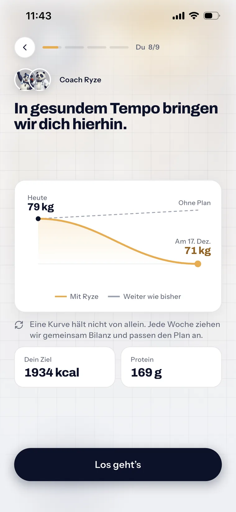 Die Gewichtsprognose: 79 kg heute, 71 kg zum Zieldatum, und das Tagesziel bei 1.934 kcal.