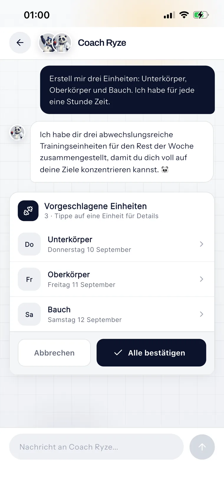 Das Gespräch mit Coach Ryze: drei vorgeschlagene, datierte Einheiten mit einem Knopf, um alle zu bestätigen.