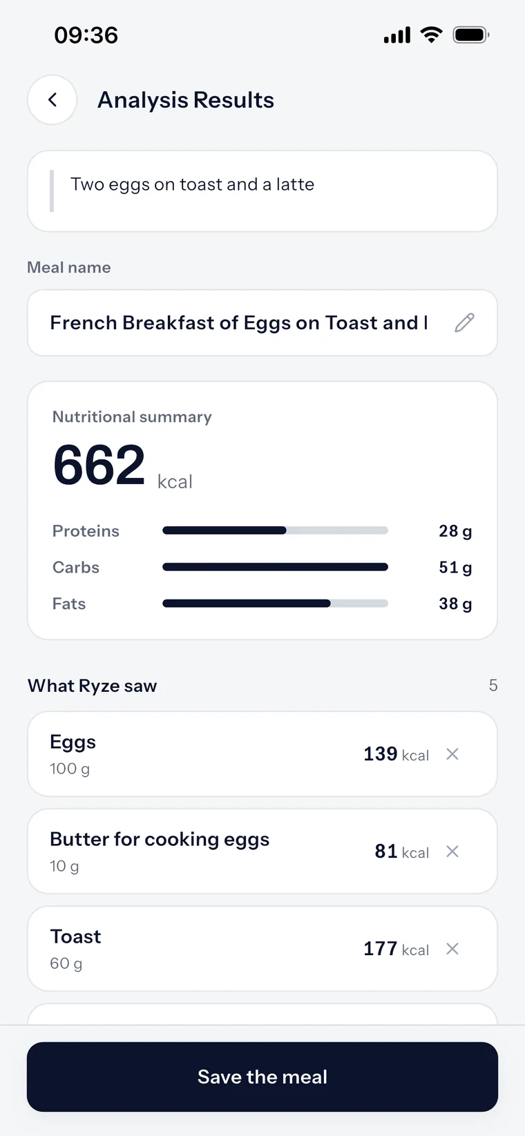 A meal written as one sentence, broken down by Ryze into 5 foods for 662 kcal.