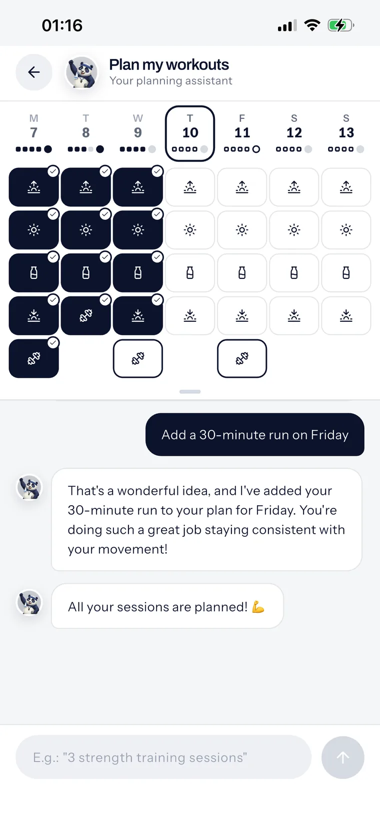 The planner: the week grid and the request "add me a 30-minute run on Friday", which Ryze confirms.