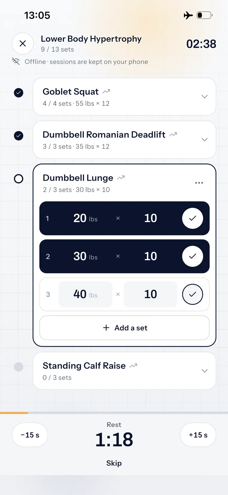 A leg workout in progress, marked offline, with the rest timer at 1:15.