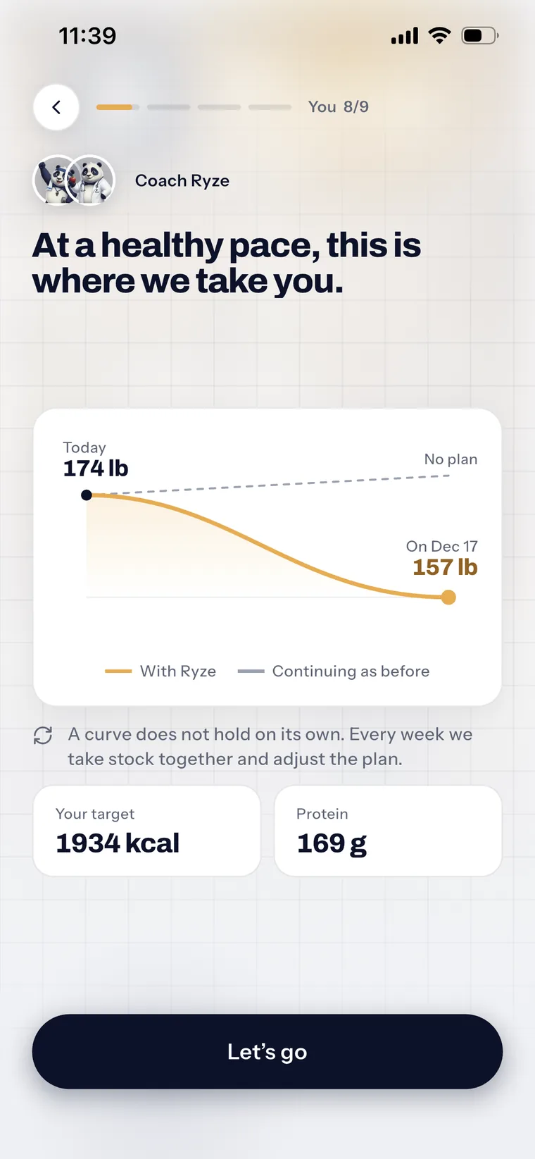 The weight projection: 174 lb today, 157 lb by the target date, and today's target at 1,934 kcal.