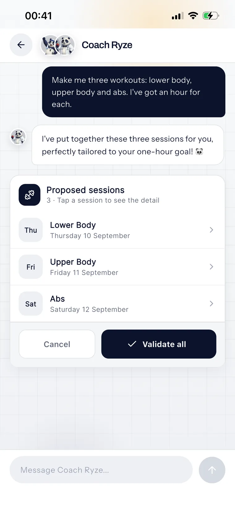 The conversation with Coach Ryze: three sessions proposed, dated, with a button to confirm them all.