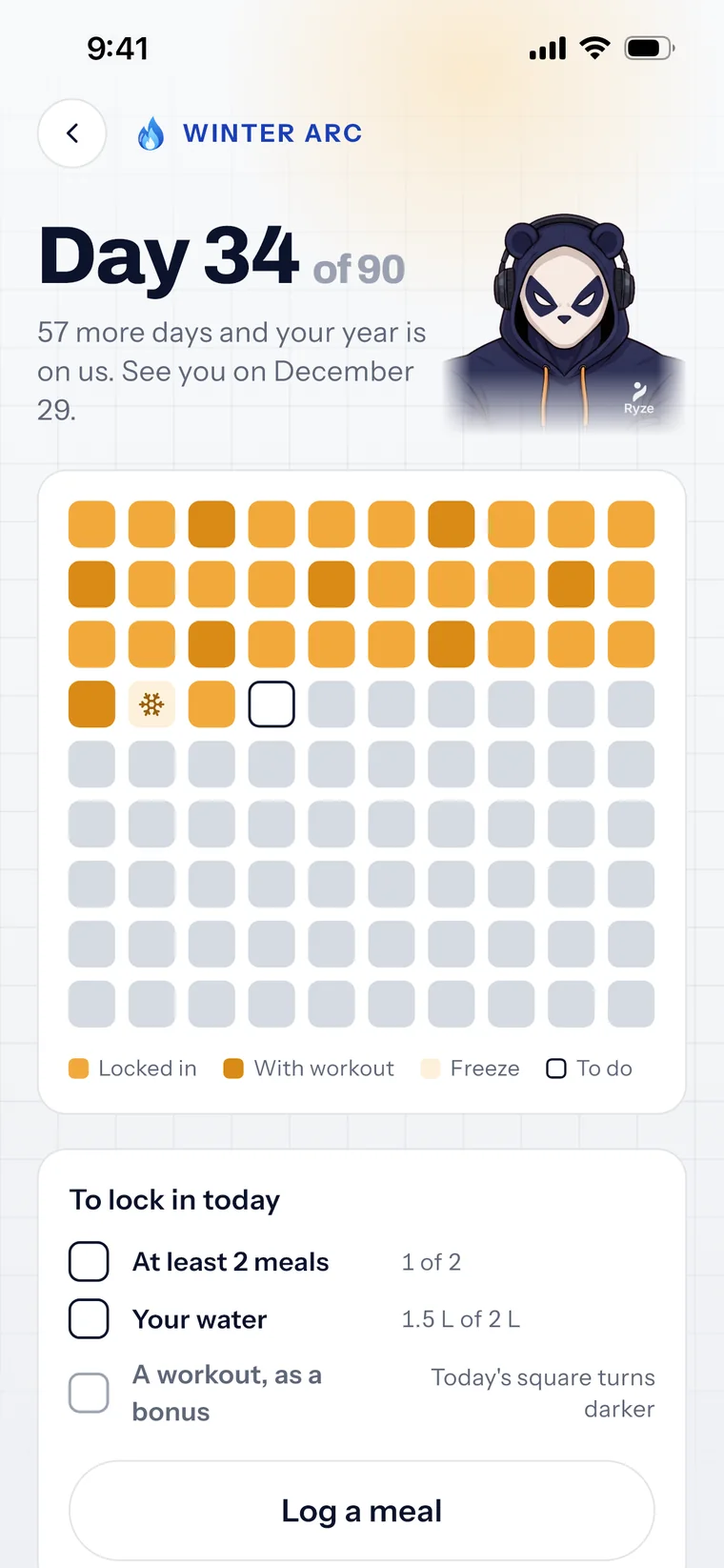 The Winter Arc screen in Ryze: day 34 of 90, the grid of 90 squares, and what is left to lock in the day.