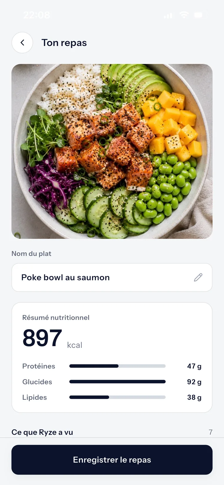 L'écran d'analyse d'un poke bowl : 897 kcal, les macros, et la liste de ce que Ryze a reconnu.