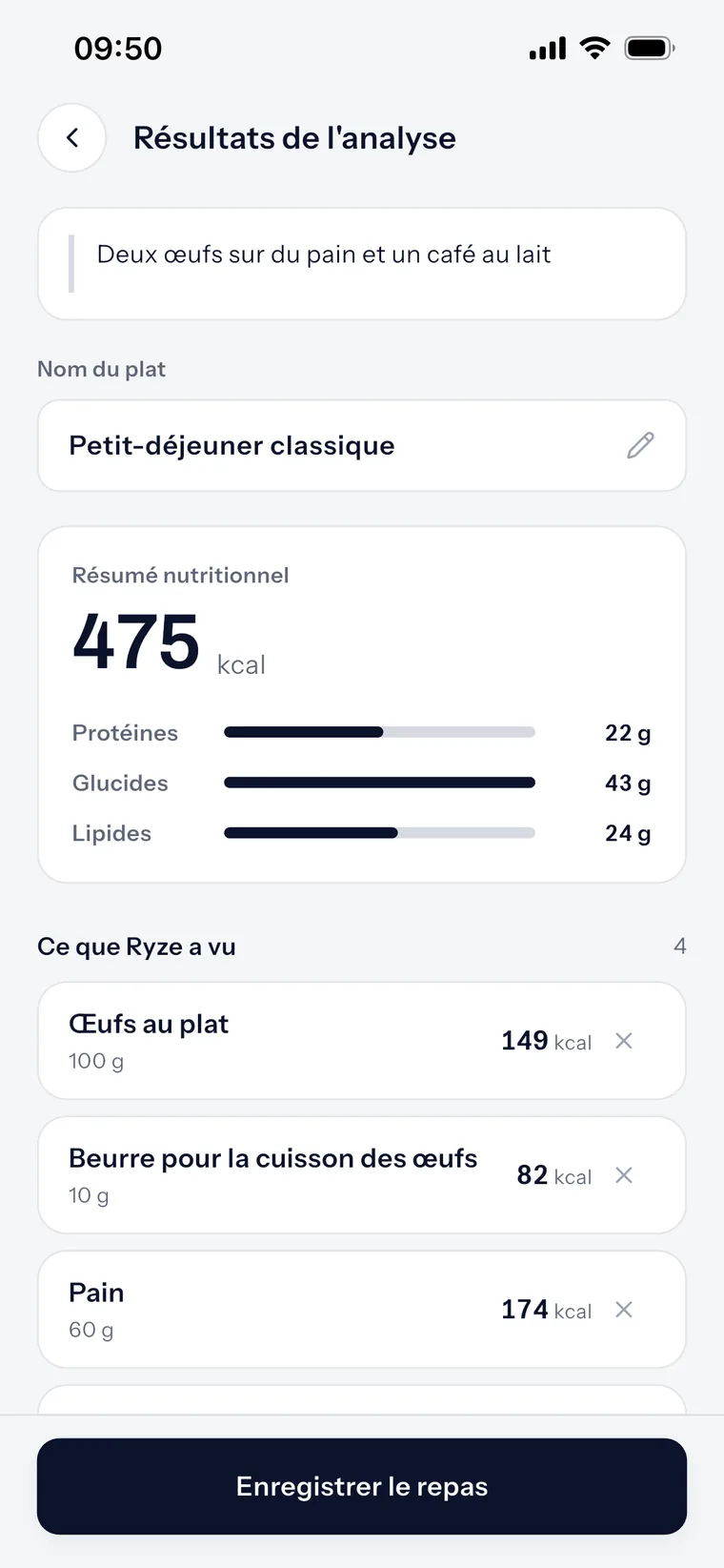 Un repas écrit en une phrase, découpé par Ryze en 4 aliments pour 475 kcal.