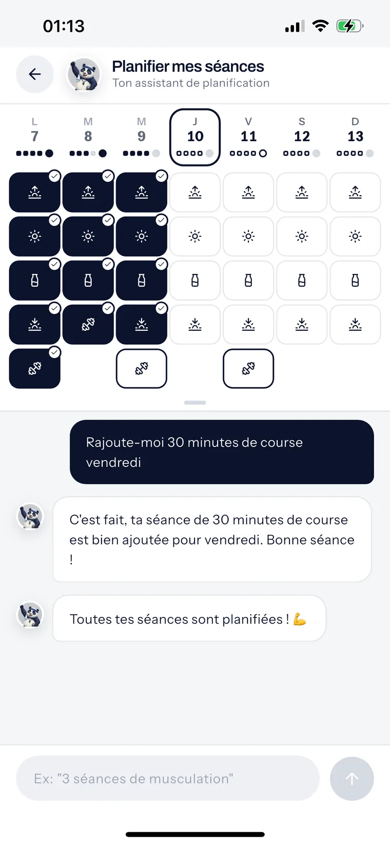 Le planificateur : la grille de la semaine et la demande « rajoute-moi 30 minutes de course vendredi » à laquelle Ryze répond.