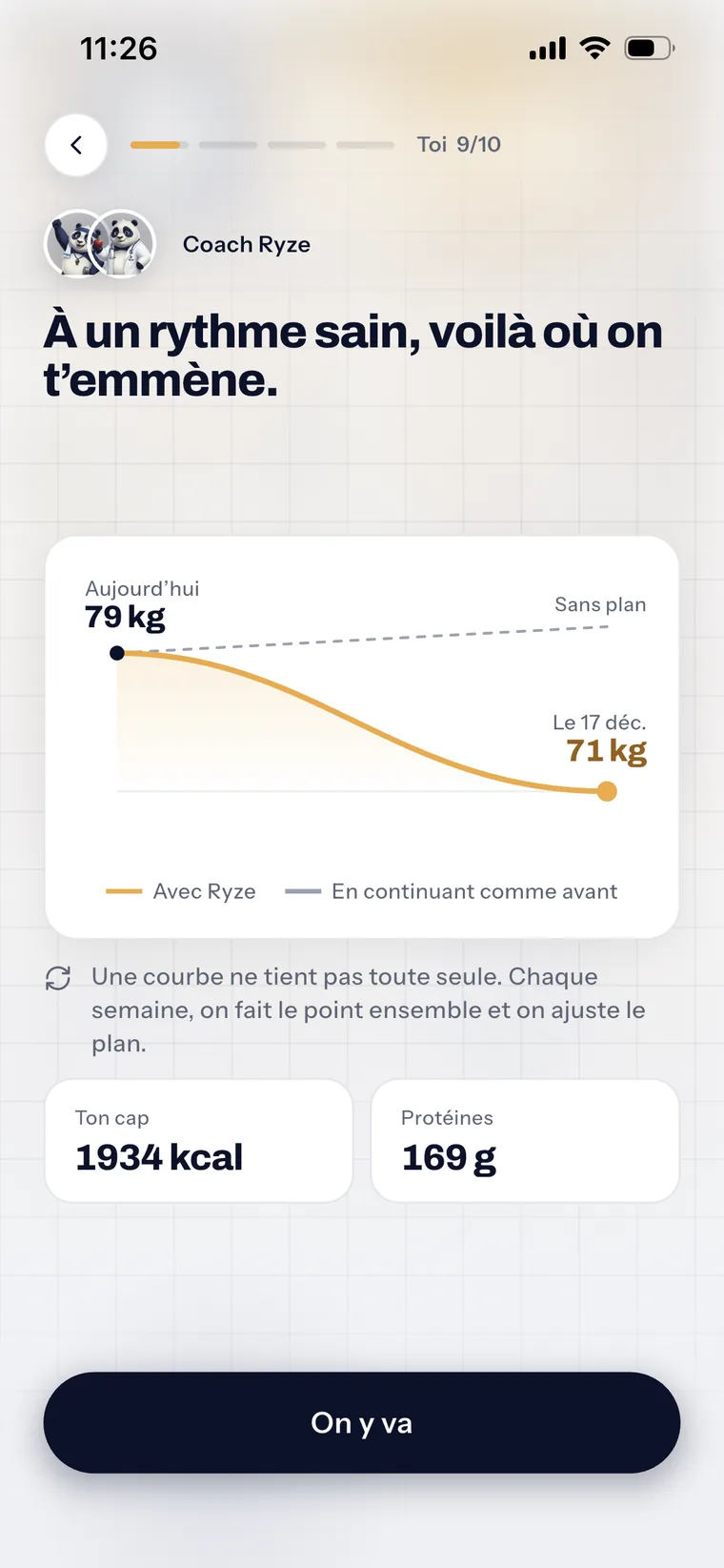 La projection de poids : 79 kg aujourd'hui, 71 kg à la date visée, et le cap du jour à 1 934 kcal.