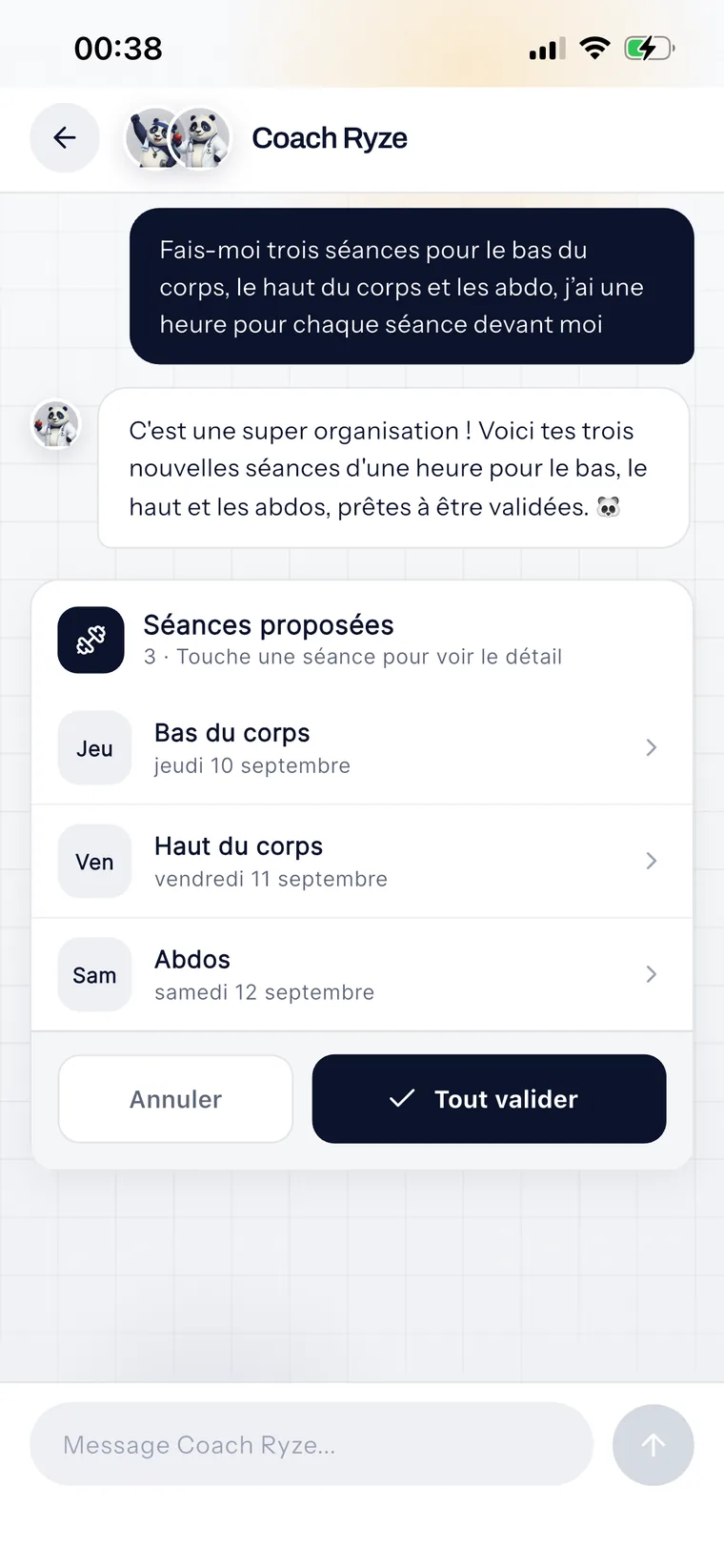 La conversation avec Coach Ryze : trois séances proposées, datées, avec un bouton pour toutes les valider.