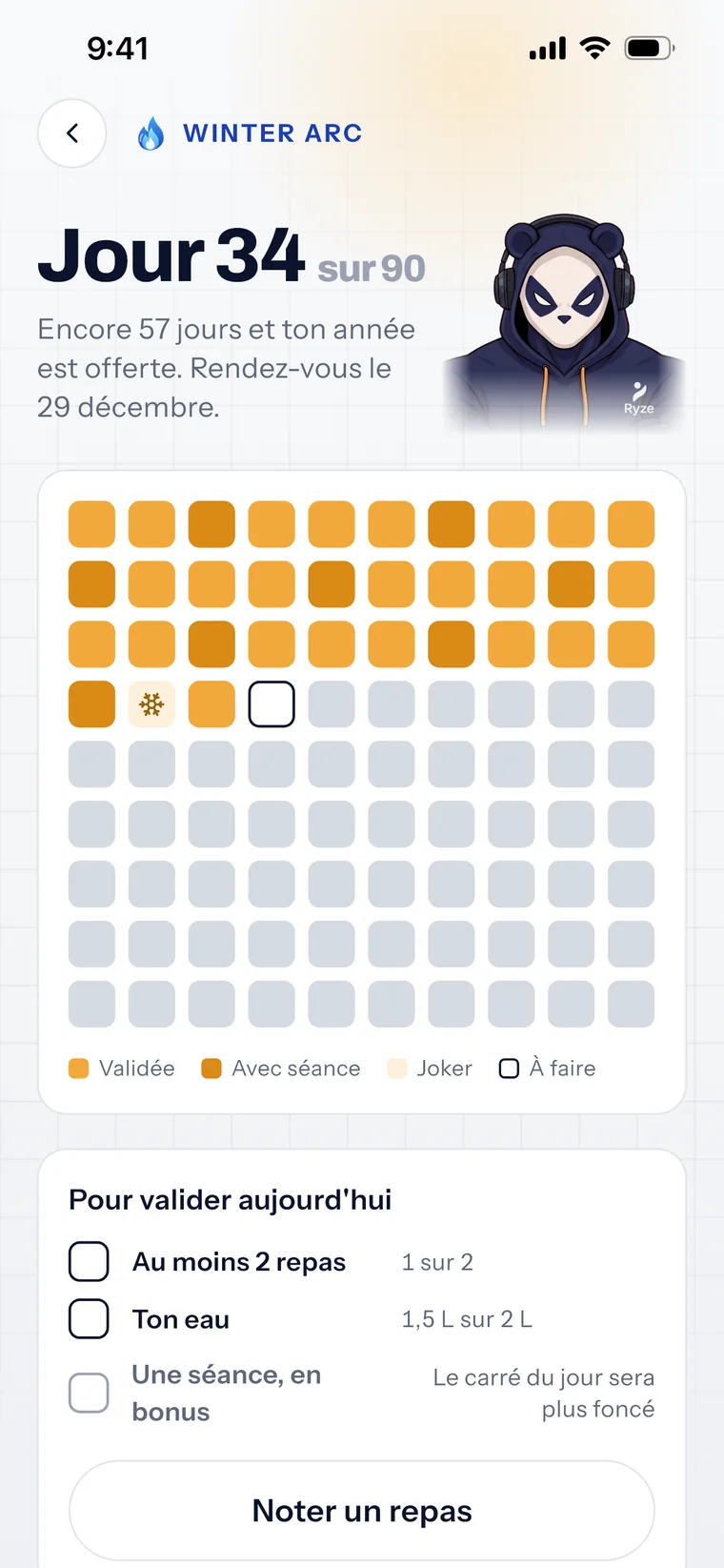 L'écran du Winter Arc dans Ryze : jour 34 sur 90, la grille des 90 carrés, et ce qu'il reste à faire pour valider la journée.